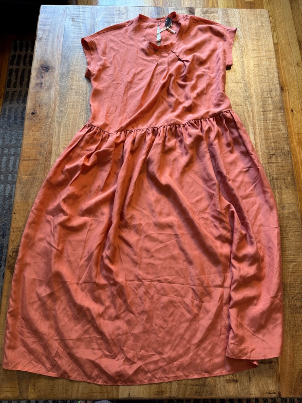 ALYSI 100% silk A line Dress Spritz Coral Rust Short Sleeve Gathered Waist NEW